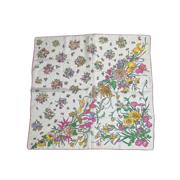 1960s Vibrant Pink & Yellow Blooming Flowers Semi Sheer White Silk Square Scarf - Picture 5 of 7